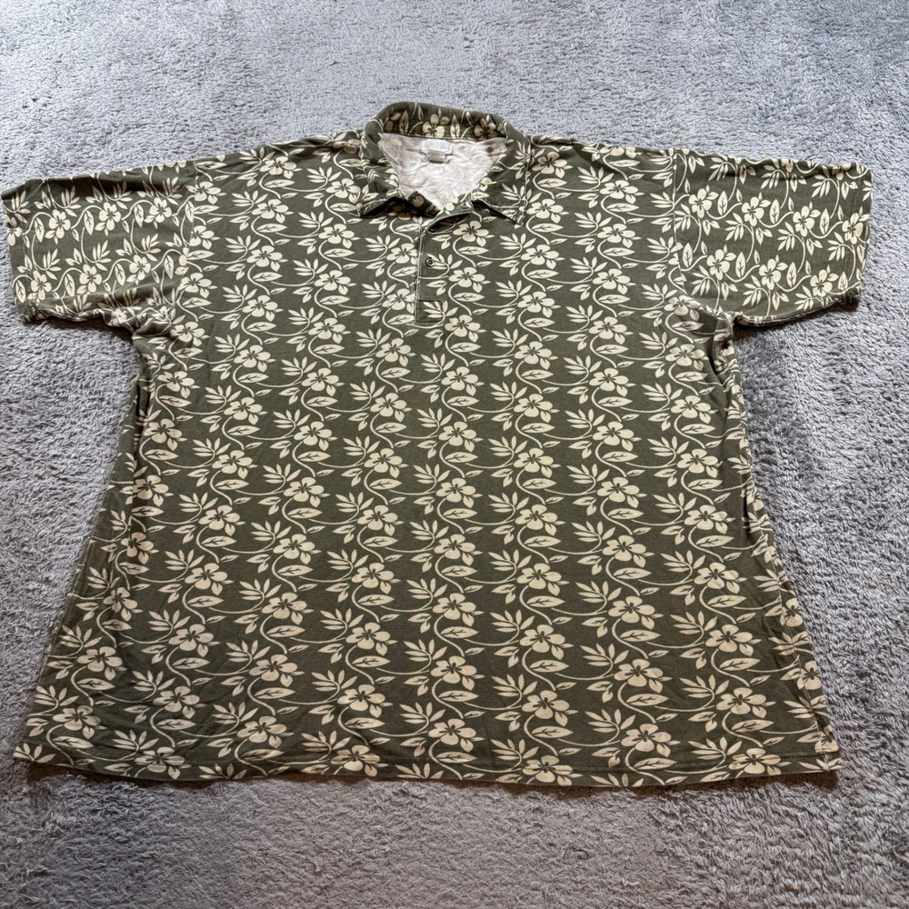 King Size Polo Shirt Mens 3XL Olive Green Floral Hibiscus Cotton Big Tall Casual